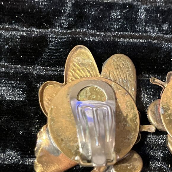 VTG Made In Italy Mixed Metal Brass Copper Rhinestone Butterfly Clip On Earrings - Picture 9 of 14